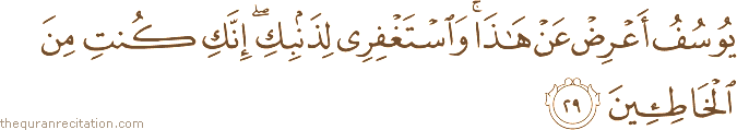 يُوسُفُ أَعْرِضْ عَنْ هَٰذَا ۚ وَاسْتَغْفِرِي لِذَنْبِكِ ۖ إِنَّكِ كُنْتِ مِنَ الْخَاطِئِينَ