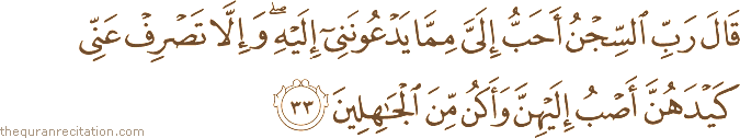 قَالَ رَبِّ السِّجْنُ أَحَبُّ إِلَيَّ مِمَّا يَدْعُونَنِي إِلَيْهِ ۖ وَإِلَّا تَصْرِفْ عَنِّي كَيْدَهُنَّ أَصْبُ إِلَيْهِنَّ وَأَكُنْ مِنَ الْجَاهِلِينَ