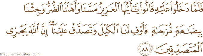 فَلَمَّا دَخَلُوا عَلَيْهِ قَالُوا يَا أَيُّهَا الْعَزِيزُ مَسَّنَا وَأَهْلَنَا الضُّرُّ وَجِئْنَا بِبِضَاعَةٍ مُزْجَاةٍ فَأَوْفِ لَنَا الْكَيْلَ وَتَصَدَّقْ عَلَيْنَا ۖ إِنَّ اللَّهَ يَجْزِي الْمُتَصَدِّقِينَ
