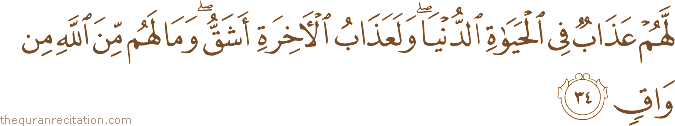 لَهُمْ عَذَابٌ فِي الْحَيَاةِ الدُّنْيَا ۖ وَلَعَذَابُ الْآخِرَةِ أَشَقُّ ۖ وَمَا لَهُمْ مِنَ اللَّهِ مِنْ وَاقٍ