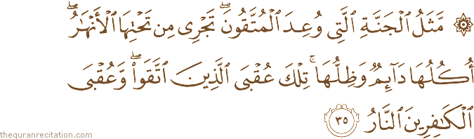 مَثَلُ الْجَنَّةِ الَّتِي وُعِدَ الْمُتَّقُونَ ۖ تَجْرِي مِنْ تَحْتِهَا الْأَنْهَارُ ۖ أُكُلُهَا دَائِمٌ وَظِلُّهَا ۚ تِلْكَ عُقْبَى الَّذِينَ اتَّقَوْا ۖ وَعُقْبَى الْكَافِرِينَ النَّارُ