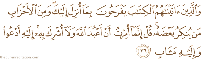وَالَّذِينَ آتَيْنَاهُمُ الْكِتَابَ يَفْرَحُونَ بِمَا أُنْزِلَ إِلَيْكَ ۖ وَمِنَ الْأَحْزَابِ مَنْ يُنْكِرُ بَعْضَهُ ۚ قُلْ إِنَّمَا أُمِرْتُ أَنْ أَعْبُدَ اللَّهَ وَلَا أُشْرِكَ بِهِ ۚ إِلَيْهِ أَدْعُو وَإِلَيْهِ مَآبِ