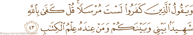 وَيَقُولُ الَّذِينَ كَفَرُوا لَسْتَ مُرْسَلًا ۚ قُلْ كَفَىٰ بِاللَّهِ شَهِيدًا بَيْنِي وَبَيْنَكُمْ وَمَنْ عِنْدَهُ عِلْمُ الْكِتَابِ