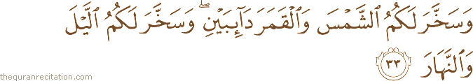 وَسَخَّرَ لَكُمُ الشَّمْسَ وَالْقَمَرَ دَائِبَيْنِ ۖ وَسَخَّرَ لَكُمُ اللَّيْلَ وَالنَّهَارَ