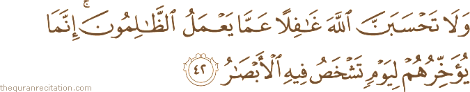 وَلَا تَحْسَبَنَّ اللَّهَ غَافِلًا عَمَّا يَعْمَلُ الظَّالِمُونَ ۚ إِنَّمَا يُؤَخِّرُهُمْ لِيَوْمٍ تَشْخَصُ فِيهِ الْأَبْصَارُ