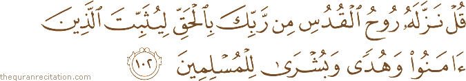 قُلْ نَزَّلَهُ رُوحُ الْقُدُسِ مِنْ رَبِّكَ بِالْحَقِّ لِيُثَبِّتَ الَّذِينَ آمَنُوا وَهُدًى وَبُشْرَىٰ لِلْمُسْلِمِينَ