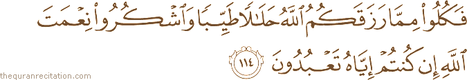 فَكُلُوا مِمَّا رَزَقَكُمُ اللَّهُ حَلَالًا طَيِّبًا وَاشْكُرُوا نِعْمَتَ اللَّهِ إِنْ كُنْتُمْ إِيَّاهُ تَعْبُدُونَ