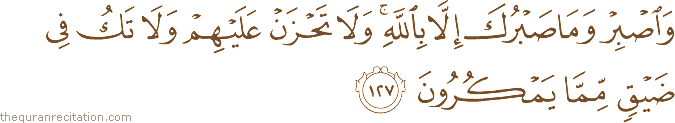وَاصْبِرْ وَمَا صَبْرُكَ إِلَّا بِاللَّهِ ۚ وَلَا تَحْزَنْ عَلَيْهِمْ وَلَا تَكُ فِي ضَيْقٍ مِمَّا يَمْكُرُونَ