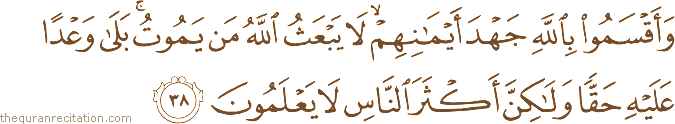 وَأَقْسَمُوا بِاللَّهِ جَهْدَ أَيْمَانِهِمْ ۙ لَا يَبْعَثُ اللَّهُ مَنْ يَمُوتُ ۚ بَلَىٰ وَعْدًا عَلَيْهِ حَقًّا وَلَٰكِنَّ أَكْثَرَ النَّاسِ لَا يَعْلَمُونَ