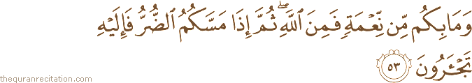 وَمَا بِكُمْ مِنْ نِعْمَةٍ فَمِنَ اللَّهِ ۖ ثُمَّ إِذَا مَسَّكُمُ الضُّرُّ فَإِلَيْهِ تَجْأَرُونَ