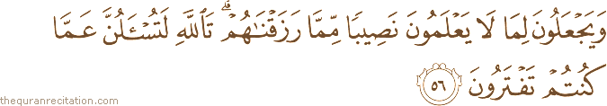 وَيَجْعَلُونَ لِمَا لَا يَعْلَمُونَ نَصِيبًا مِمَّا رَزَقْنَاهُمْ ۗ تَاللَّهِ لَتُسْأَلُنَّ عَمَّا كُنْتُمْ تَفْتَرُونَ