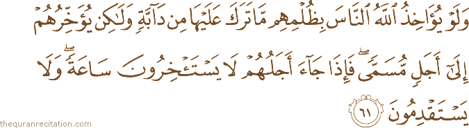 وَلَوْ يُؤَاخِذُ اللَّهُ النَّاسَ بِظُلْمِهِمْ مَا تَرَكَ عَلَيْهَا مِنْ دَابَّةٍ وَلَٰكِنْ يُؤَخِّرُهُمْ إِلَىٰ أَجَلٍ مُسَمًّى ۖ فَإِذَا جَاءَ أَجَلُهُمْ لَا يَسْتَأْخِرُونَ سَاعَةً ۖ وَلَا يَسْتَقْدِمُونَ