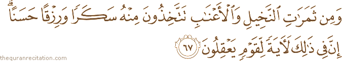وَمِنْ ثَمَرَاتِ النَّخِيلِ وَالْأَعْنَابِ تَتَّخِذُونَ مِنْهُ سَكَرًا وَرِزْقًا حَسَنًا ۗ إِنَّ فِي ذَٰلِكَ لَآيَةً لِقَوْمٍ يَعْقِلُونَ