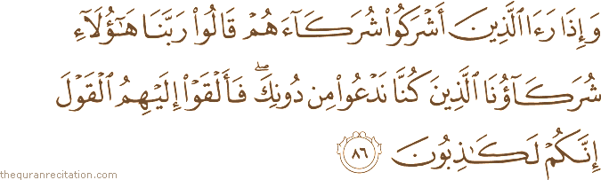 وَإِذَا رَأَى الَّذِينَ أَشْرَكُوا شُرَكَاءَهُمْ قَالُوا رَبَّنَا هَٰؤُلَاءِ شُرَكَاؤُنَا الَّذِينَ كُنَّا نَدْعُو مِنْ دُونِكَ ۖ فَأَلْقَوْا إِلَيْهِمُ الْقَوْلَ إِنَّكُمْ لَكَاذِبُونَ