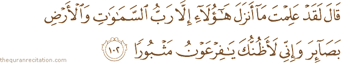 قَالَ لَقَدْ عَلِمْتَ مَا أَنْزَلَ هَٰؤُلَاءِ إِلَّا رَبُّ السَّمَاوَاتِ وَالْأَرْضِ بَصَائِرَ وَإِنِّي لَأَظُنُّكَ يَا فِرْعَوْنُ مَثْبُورًا