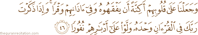وَجَعَلْنَا عَلَىٰ قُلُوبِهِمْ أَكِنَّةً أَنْ يَفْقَهُوهُ وَفِي آذَانِهِمْ وَقْرًا ۚ وَإِذَا ذَكَرْتَ رَبَّكَ فِي الْقُرْآنِ وَحْدَهُ وَلَّوْا عَلَىٰ أَدْبَارِهِمْ نُفُورًا