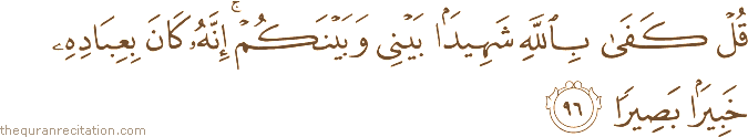 قُلْ كَفَىٰ بِاللَّهِ شَهِيدًا بَيْنِي وَبَيْنَكُمْ ۚ إِنَّهُ كَانَ بِعِبَادِهِ خَبِيرًا بَصِيرًا