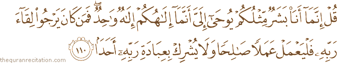 قُلْ إِنَّمَا أَنَا بَشَرٌ مِثْلُكُمْ يُوحَىٰ إِلَيَّ أَنَّمَا إِلَٰهُكُمْ إِلَٰهٌ وَاحِدٌ ۖ فَمَنْ كَانَ يَرْجُو لِقَاءَ رَبِّهِ فَلْيَعْمَلْ عَمَلًا صَالِحًا وَلَا يُشْرِكْ بِعِبَادَةِ رَبِّهِ أَحَدًا