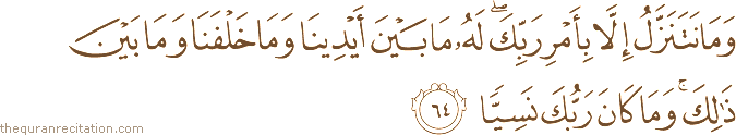 وَمَا نَتَنَزَّلُ إِلَّا بِأَمْرِ رَبِّكَ ۖ لَهُ مَا بَيْنَ أَيْدِينَا وَمَا خَلْفَنَا وَمَا بَيْنَ ذَٰلِكَ ۚ وَمَا كَانَ رَبُّكَ نَسِيًّا