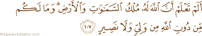 أَلَمْ تَعْلَمْ أَنَّ اللَّهَ لَهُ مُلْكُ السَّمَاوَاتِ وَالْأَرْضِ ۗ وَمَا لَكُمْ مِنْ دُونِ اللَّهِ مِنْ وَلِيٍّ وَلَا نَصِيرٍ