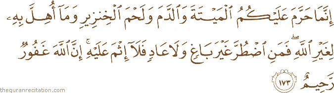 إِنَّمَا حَرَّمَ عَلَيْكُمُ الْمَيْتَةَ وَالدَّمَ وَلَحْمَ الْخِنْزِيرِ وَمَا أُهِلَّ بِهِ لِغَيْرِ اللَّهِ ۖ فَمَنِ اضْطُرَّ غَيْرَ بَاغٍ وَلَا عَادٍ فَلَا إِثْمَ عَلَيْهِ ۚ إِنَّ اللَّهَ غَفُورٌ رَحِيمٌ