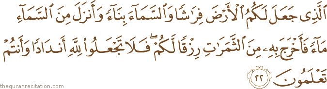 الَّذِي جَعَلَ لَكُمُ الْأَرْضَ فِرَاشًا وَالسَّمَاءَ بِنَاءً وَأَنْزَلَ مِنَ السَّمَاءِ مَاءً فَأَخْرَجَ بِهِ مِنَ الثَّمَرَاتِ رِزْقًا لَكُمْ ۖ فَلَا تَجْعَلُوا لِلَّهِ أَنْدَادًا وَأَنْتُمْ تَعْلَمُونَ