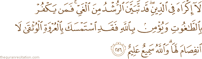 لَا إِكْرَاهَ فِي الدِّينِ ۖ قَدْ تَبَيَّنَ الرُّشْدُ مِنَ الْغَيِّ ۚ فَمَنْ يَكْفُرْ بِالطَّاغُوتِ وَيُؤْمِنْ بِاللَّهِ فَقَدِ اسْتَمْسَكَ بِالْعُرْوَةِ الْوُثْقَىٰ لَا انْفِصَامَ لَهَا ۗ وَاللَّهُ سَمِيعٌ عَلِيمٌ