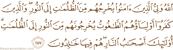 اللَّهُ وَلِيُّ الَّذِينَ آمَنُوا يُخْرِجُهُمْ مِنَ الظُّلُمَاتِ إِلَى النُّورِ ۖ وَالَّذِينَ كَفَرُوا أَوْلِيَاؤُهُمُ الطَّاغُوتُ يُخْرِجُونَهُمْ مِنَ النُّورِ إِلَى الظُّلُمَاتِ ۗ أُولَٰئِكَ أَصْحَابُ النَّارِ ۖ هُمْ فِيهَا خَالِدُونَ