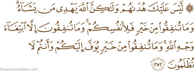 لَيْسَ عَلَيْكَ هُدَاهُمْ وَلَٰكِنَّ اللَّهَ يَهْدِي مَنْ يَشَاءُ ۗ وَمَا تُنْفِقُوا مِنْ خَيْرٍ فَلِأَنْفُسِكُمْ ۚ وَمَا تُنْفِقُونَ إِلَّا ابْتِغَاءَ وَجْهِ اللَّهِ ۚ وَمَا تُنْفِقُوا مِنْ خَيْرٍ يُوَفَّ إِلَيْكُمْ وَأَنْتُمْ لَا تُظْلَمُونَ