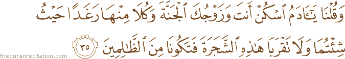 وَقُلْنَا يَا آدَمُ اسْكُنْ أَنْتَ وَزَوْجُكَ الْجَنَّةَ وَكُلَا مِنْهَا رَغَدًا حَيْثُ شِئْتُمَا وَلَا تَقْرَبَا هَٰذِهِ الشَّجَرَةَ فَتَكُونَا مِنَ الظَّالِمِينَ