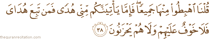 قُلْنَا اهْبِطُوا مِنْهَا جَمِيعًا ۖ فَإِمَّا يَأْتِيَنَّكُمْ مِنِّي هُدًى فَمَنْ تَبِعَ هُدَايَ فَلَا خَوْفٌ عَلَيْهِمْ وَلَا هُمْ يَحْزَنُونَ