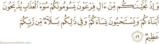 وَإِذْ نَجَّيْنَاكُمْ مِنْ آلِ فِرْعَوْنَ يَسُومُونَكُمْ سُوءَ الْعَذَابِ يُذَبِّحُونَ أَبْنَاءَكُمْ وَيَسْتَحْيُونَ نِسَاءَكُمْ ۚ وَفِي ذَٰلِكُمْ بَلَاءٌ مِنْ رَبِّكُمْ عَظِيمٌ