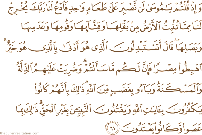 وَإِذْ قُلْتُمْ يَا مُوسَىٰ لَنْ نَصْبِرَ عَلَىٰ طَعَامٍ وَاحِدٍ فَادْعُ لَنَا رَبَّكَ يُخْرِجْ لَنَا مِمَّا تُنْبِتُ الْأَرْضُ مِنْ بَقْلِهَا وَقِثَّائِهَا وَفُومِهَا وَعَدَسِهَا وَبَصَلِهَا ۖ قَالَ أَتَسْتَبْدِلُونَ الَّذِي هُوَ أَدْنَىٰ بِالَّذِي هُوَ خَيْرٌ ۚ اهْبِطُوا مِصْرًا فَإِنَّ لَكُمْ مَا سَأَلْتُمْ ۗ وَضُرِبَتْ عَلَيْهِمُ الذِّلَّةُ وَالْمَسْكَنَةُ وَبَاءُوا بِغَضَبٍ مِنَ اللَّهِ ۗ ذَٰلِكَ بِأَنَّهُمْ كَانُوا يَكْفُرُونَ بِآيَاتِ اللَّهِ وَيَقْتُلُونَ النَّبِيِّينَ بِغَيْرِ الْحَقِّ ۗ ذَٰلِكَ بِمَا عَصَوْا وَكَانُوا يَعْتَدُونَ