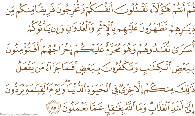 ثُمَّ أَنْتُمْ هَٰؤُلَاءِ تَقْتُلُونَ أَنْفُسَكُمْ وَتُخْرِجُونَ فَرِيقًا مِنْكُمْ مِنْ دِيَارِهِمْ تَظَاهَرُونَ عَلَيْهِمْ بِالْإِثْمِ وَالْعُدْوَانِ وَإِنْ يَأْتُوكُمْ أُسَارَىٰ تُفَادُوهُمْ وَهُوَ مُحَرَّمٌ عَلَيْكُمْ إِخْرَاجُهُمْ ۚ أَفَتُؤْمِنُونَ بِبَعْضِ الْكِتَابِ وَتَكْفُرُونَ بِبَعْضٍ ۚ فَمَا جَزَاءُ مَنْ يَفْعَلُ ذَٰلِكَ مِنْكُمْ إِلَّا خِزْيٌ فِي الْحَيَاةِ الدُّنْيَا ۖ وَيَوْمَ الْقِيَامَةِ يُرَدُّونَ إِلَىٰ أَشَدِّ الْعَذَابِ ۗ وَمَا اللَّهُ بِغَافِلٍ عَمَّا تَعْمَلُونَ