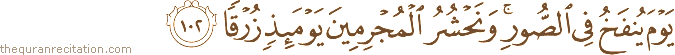 يَوْمَ يُنْفَخُ فِي الصُّورِ ۚ وَنَحْشُرُ الْمُجْرِمِينَ يَوْمَئِذٍ زُرْقًا