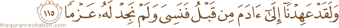 وَلَقَدْ عَهِدْنَا إِلَىٰ آدَمَ مِنْ قَبْلُ فَنَسِيَ وَلَمْ نَجِدْ لَهُ عَزْمًا