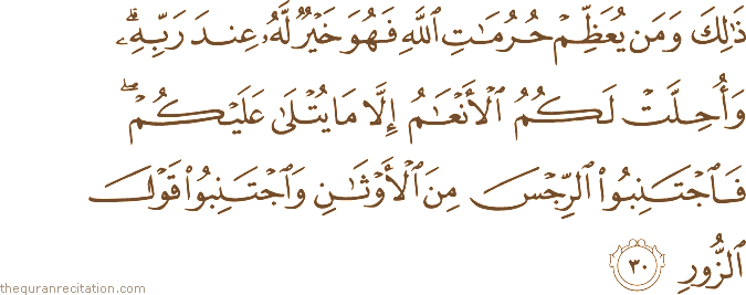 ذَٰلِكَ وَمَنْ يُعَظِّمْ حُرُمَاتِ اللَّهِ فَهُوَ خَيْرٌ لَهُ عِنْدَ رَبِّهِ ۗ وَأُحِلَّتْ لَكُمُ الْأَنْعَامُ إِلَّا مَا يُتْلَىٰ عَلَيْكُمْ ۖ فَاجْتَنِبُوا الرِّجْسَ مِنَ الْأَوْثَانِ وَاجْتَنِبُوا قَوْلَ الزُّورِ