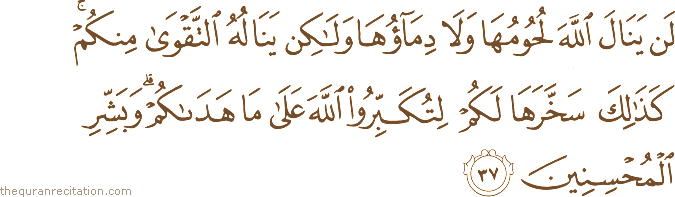 لَنْ يَنَالَ اللَّهَ لُحُومُهَا وَلَا دِمَاؤُهَا وَلَٰكِنْ يَنَالُهُ التَّقْوَىٰ مِنْكُمْ ۚ كَذَٰلِكَ سَخَّرَهَا لَكُمْ لِتُكَبِّرُوا اللَّهَ عَلَىٰ مَا هَدَاكُمْ ۗ وَبَشِّرِ الْمُحْسِنِينَ