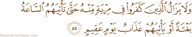 وَلَا يَزَالُ الَّذِينَ كَفَرُوا فِي مِرْيَةٍ مِنْهُ حَتَّىٰ تَأْتِيَهُمُ السَّاعَةُ بَغْتَةً أَوْ يَأْتِيَهُمْ عَذَابُ يَوْمٍ عَقِيمٍ