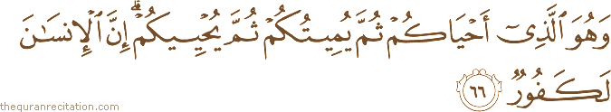 وَهُوَ الَّذِي أَحْيَاكُمْ ثُمَّ يُمِيتُكُمْ ثُمَّ يُحْيِيكُمْ ۗ إِنَّ الْإِنْسَانَ لَكَفُورٌ