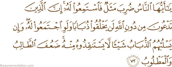 يَا أَيُّهَا النَّاسُ ضُرِبَ مَثَلٌ فَاسْتَمِعُوا لَهُ ۚ إِنَّ الَّذِينَ تَدْعُونَ مِنْ دُونِ اللَّهِ لَنْ يَخْلُقُوا ذُبَابًا وَلَوِ اجْتَمَعُوا لَهُ ۖ وَإِنْ يَسْلُبْهُمُ الذُّبَابُ شَيْئًا لَا يَسْتَنْقِذُوهُ مِنْهُ ۚ ضَعُفَ الطَّالِبُ وَالْمَطْلُوبُ