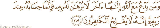 وَمَنْ يَدْعُ مَعَ اللَّهِ إِلَٰهًا آخَرَ لَا بُرْهَانَ لَهُ بِهِ فَإِنَّمَا حِسَابُهُ عِنْدَ رَبِّهِ ۚ إِنَّهُ لَا يُفْلِحُ الْكَافِرُونَ