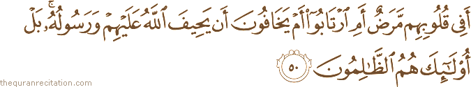 أَفِي قُلُوبِهِمْ مَرَضٌ أَمِ ارْتَابُوا أَمْ يَخَافُونَ أَنْ يَحِيفَ اللَّهُ عَلَيْهِمْ وَرَسُولُهُ ۚ بَلْ أُولَٰئِكَ هُمُ الظَّالِمُونَ