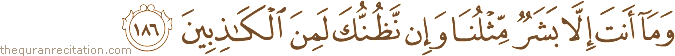وَمَا أَنْتَ إِلَّا بَشَرٌ مِثْلُنَا وَإِنْ نَظُنُّكَ لَمِنَ الْكَاذِبِينَ