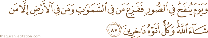 وَيَوْمَ يُنْفَخُ فِي الصُّورِ فَفَزِعَ مَنْ فِي السَّمَاوَاتِ وَمَنْ فِي الْأَرْضِ إِلَّا مَنْ شَاءَ اللَّهُ ۚ وَكُلٌّ أَتَوْهُ دَاخِرِينَ