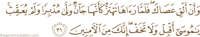 وَأَنْ أَلْقِ عَصَاكَ ۖ فَلَمَّا رَآهَا تَهْتَزُّ كَأَنَّهَا جَانٌّ وَلَّىٰ مُدْبِرًا وَلَمْ يُعَقِّبْ ۚ يَا مُوسَىٰ أَقْبِلْ وَلَا تَخَفْ ۖ إِنَّكَ مِنَ الْآمِنِينَ