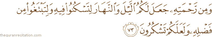 وَمِنْ رَحْمَتِهِ جَعَلَ لَكُمُ اللَّيْلَ وَالنَّهَارَ لِتَسْكُنُوا فِيهِ وَلِتَبْتَغُوا مِنْ فَضْلِهِ وَلَعَلَّكُمْ تَشْكُرُونَ
