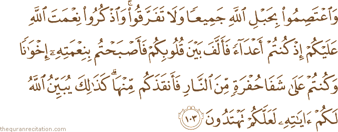 وَاعْتَصِمُوا بِحَبْلِ اللَّهِ جَمِيعًا وَلَا تَفَرَّقُوا ۚ وَاذْكُرُوا نِعْمَتَ اللَّهِ عَلَيْكُمْ إِذْ كُنْتُمْ أَعْدَاءً فَأَلَّفَ بَيْنَ قُلُوبِكُمْ فَأَصْبَحْتُمْ بِنِعْمَتِهِ إِخْوَانًا وَكُنْتُمْ عَلَىٰ شَفَا حُفْرَةٍ مِنَ النَّارِ فَأَنْقَذَكُمْ مِنْهَا ۗ كَذَٰلِكَ يُبَيِّنُ اللَّهُ لَكُمْ آيَاتِهِ لَعَلَّكُمْ تَهْتَدُونَ