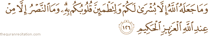 وَمَا جَعَلَهُ اللَّهُ إِلَّا بُشْرَىٰ لَكُمْ وَلِتَطْمَئِنَّ قُلُوبُكُمْ بِهِ ۗ وَمَا النَّصْرُ إِلَّا مِنْ عِنْدِ اللَّهِ الْعَزِيزِ الْحَكِيمِ