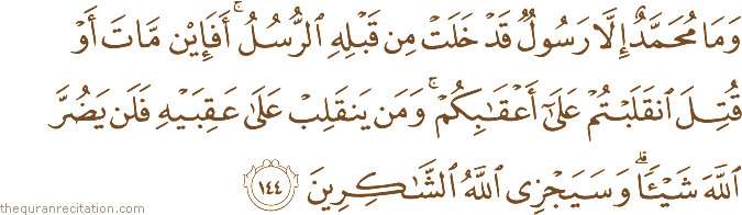وَمَا مُحَمَّدٌ إِلَّا رَسُولٌ قَدْ خَلَتْ مِنْ قَبْلِهِ الرُّسُلُ ۚ أَفَإِنْ مَاتَ أَوْ قُتِلَ انْقَلَبْتُمْ عَلَىٰ أَعْقَابِكُمْ ۚ وَمَنْ يَنْقَلِبْ عَلَىٰ عَقِبَيْهِ فَلَنْ يَضُرَّ اللَّهَ شَيْئًا ۗ وَسَيَجْزِي اللَّهُ الشَّاكِرِينَ